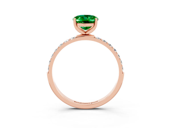 Rose gold Oval Cut Emerald Solitaire Ring with Round  Pavé Band and Prong Setting