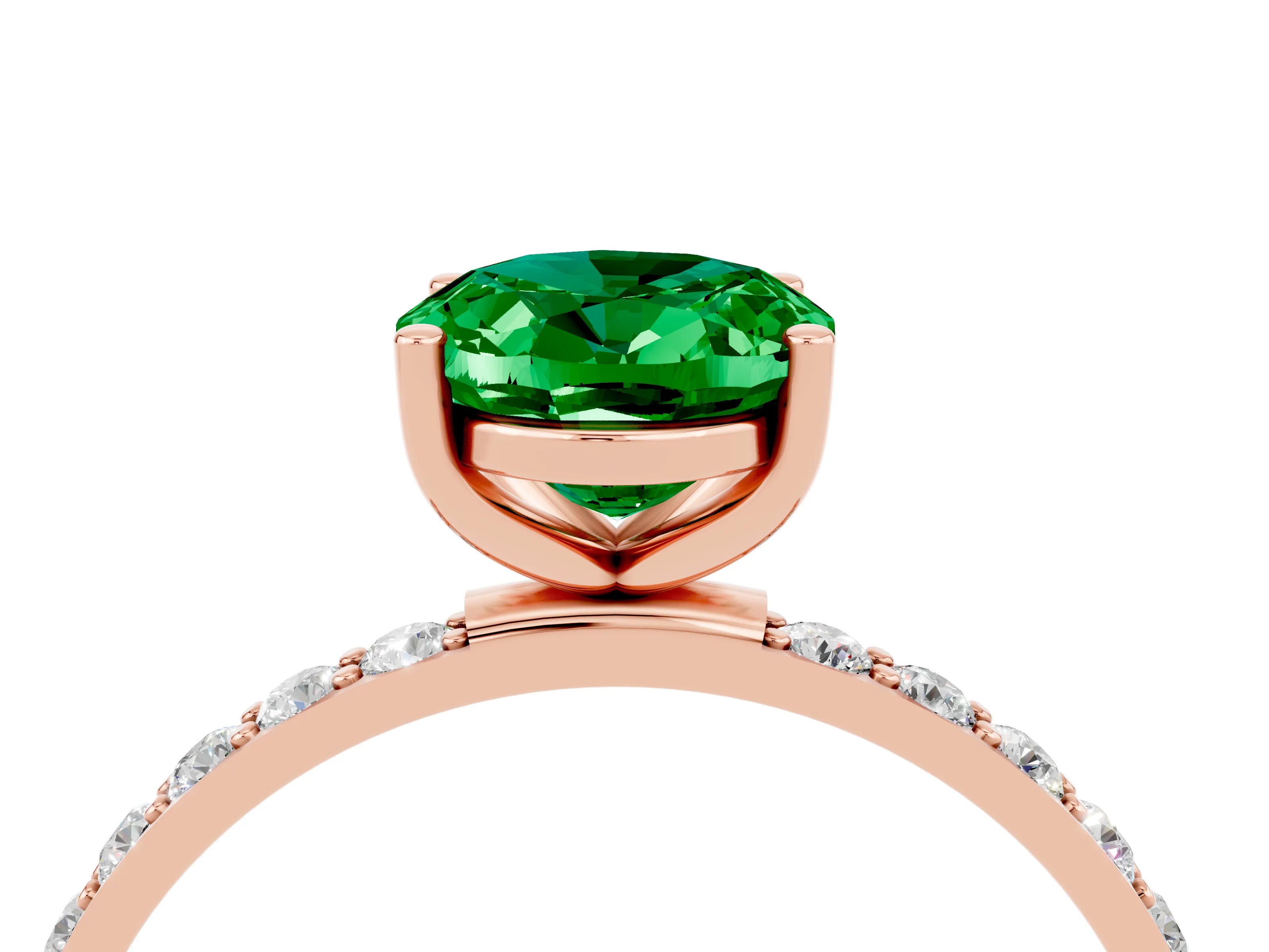 Rose gold Oval Cut Emerald Solitaire Ring with Pave Band and Four Prong Setting_28