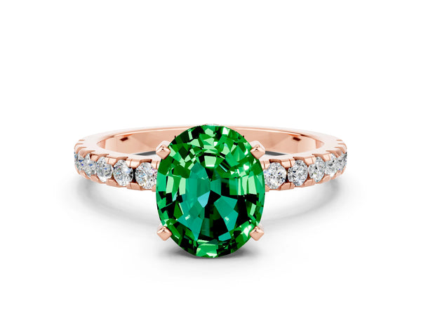 Rose gold Oval Cut Emerald Solitaire Ring with Round  Pavé Band and Four-Prong Setting