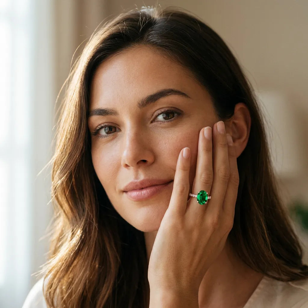 Rose gold Oval Cut Emerald Solitaire Ring with Round  Pavé Band and Four-Prong Setting_43
