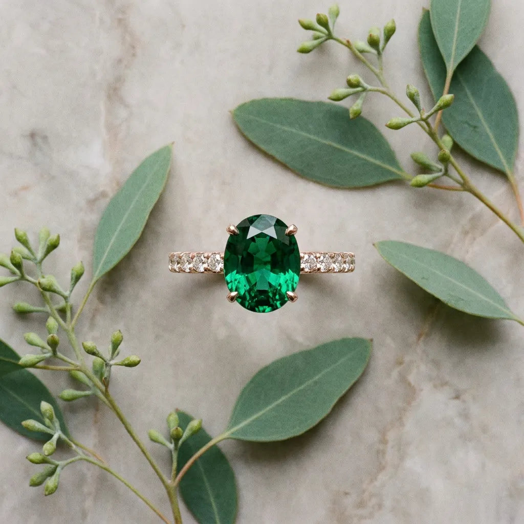 Rose gold Oval Cut Emerald Solitaire Ring with Round  Pavé Band and Four-Prong Setting_45