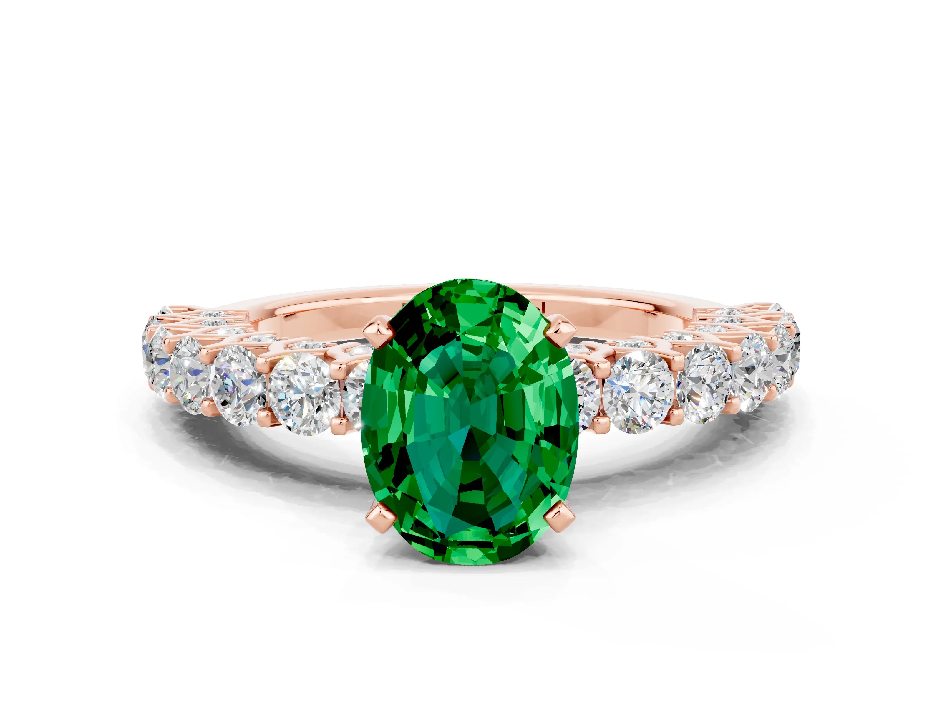 Rose gold Oval Cut Emerald Solitaire Ring with Shared Prong Pavé Band and Four-Prong Setting
