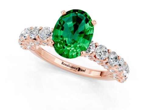 Rose gold Oval Cut Emerald Solitaire Ring with Shared Prong Pavé Band and Four-Prong Setting_1