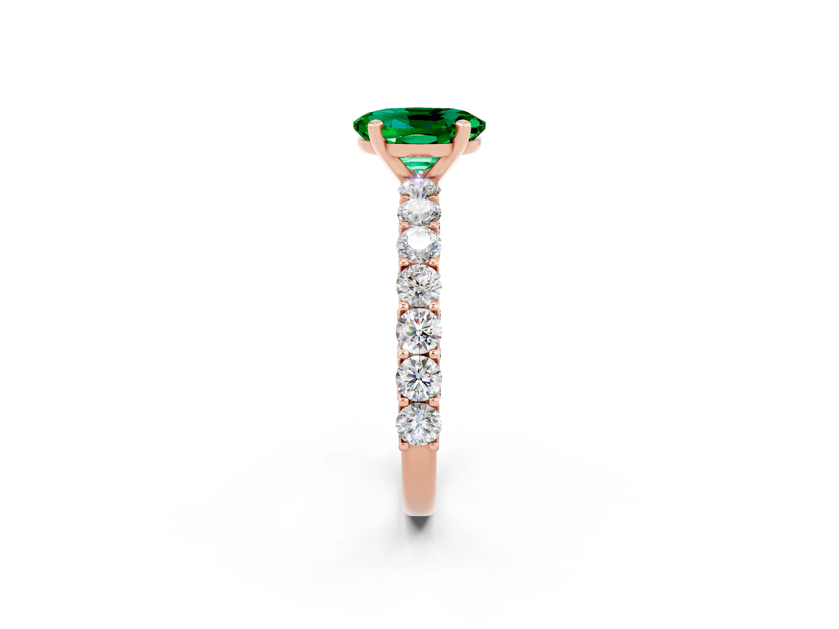 Rose gold Oval Cut Emerald Solitaire Ring with Shared Prong Pavé Band and Four-Prong Setting_2