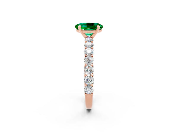 Rose gold Oval Cut Emerald Solitaire Ring with Shared Prong Pavé Band and Four-Prong Setting