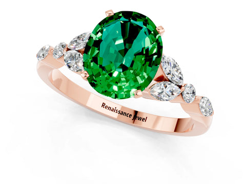 Rose gold Oval Cut Emerald Solitaire Ring with Side Stones and Four-Prong Setting_13
