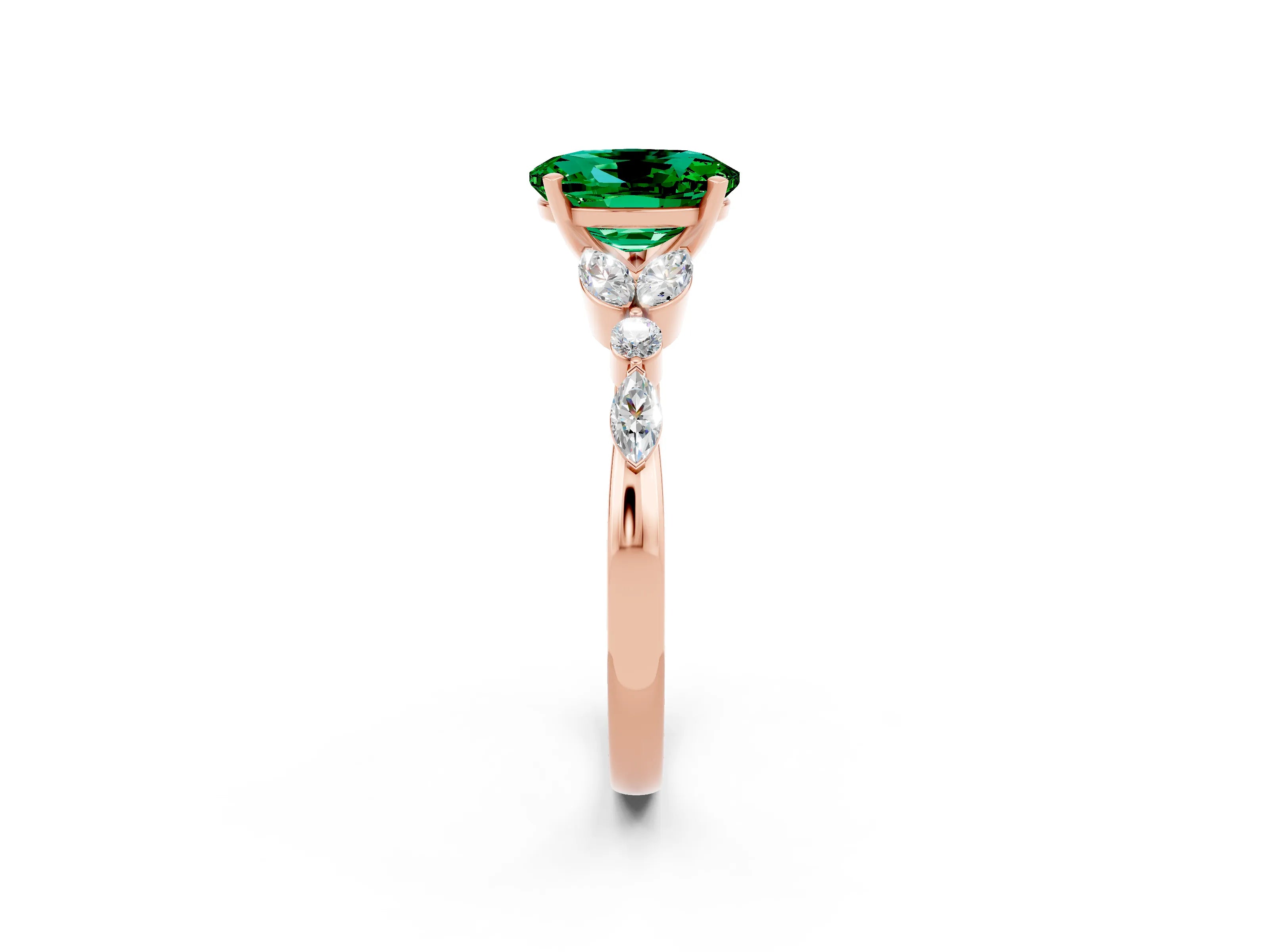 Rose gold Oval Cut Emerald Solitaire Ring with Side Stones and Four-Prong Setting_14