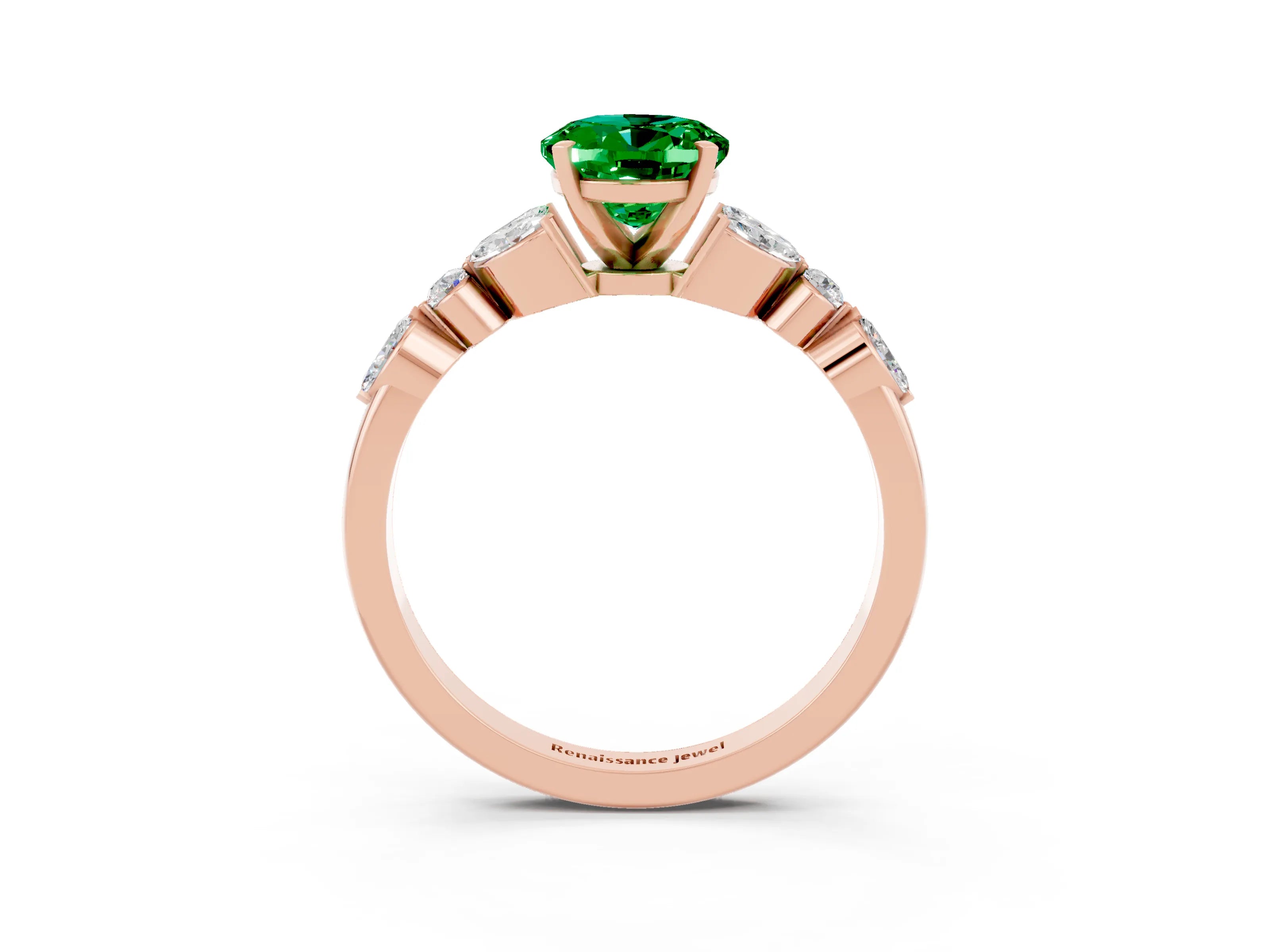 Rose gold Oval Cut Emerald Solitaire Ring with Side Stones and Four-Prong Setting_15