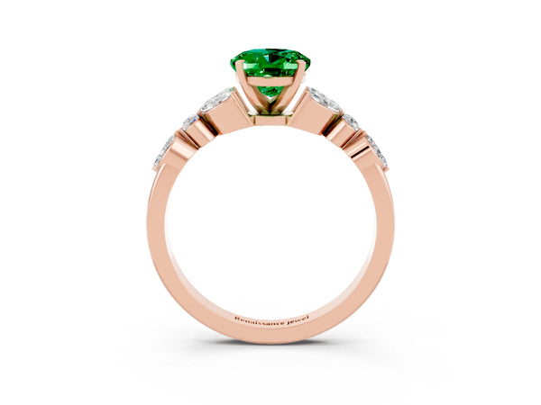 Rose gold Oval Cut Emerald Solitaire Ring with Side Stones and Four-Prong Setting
