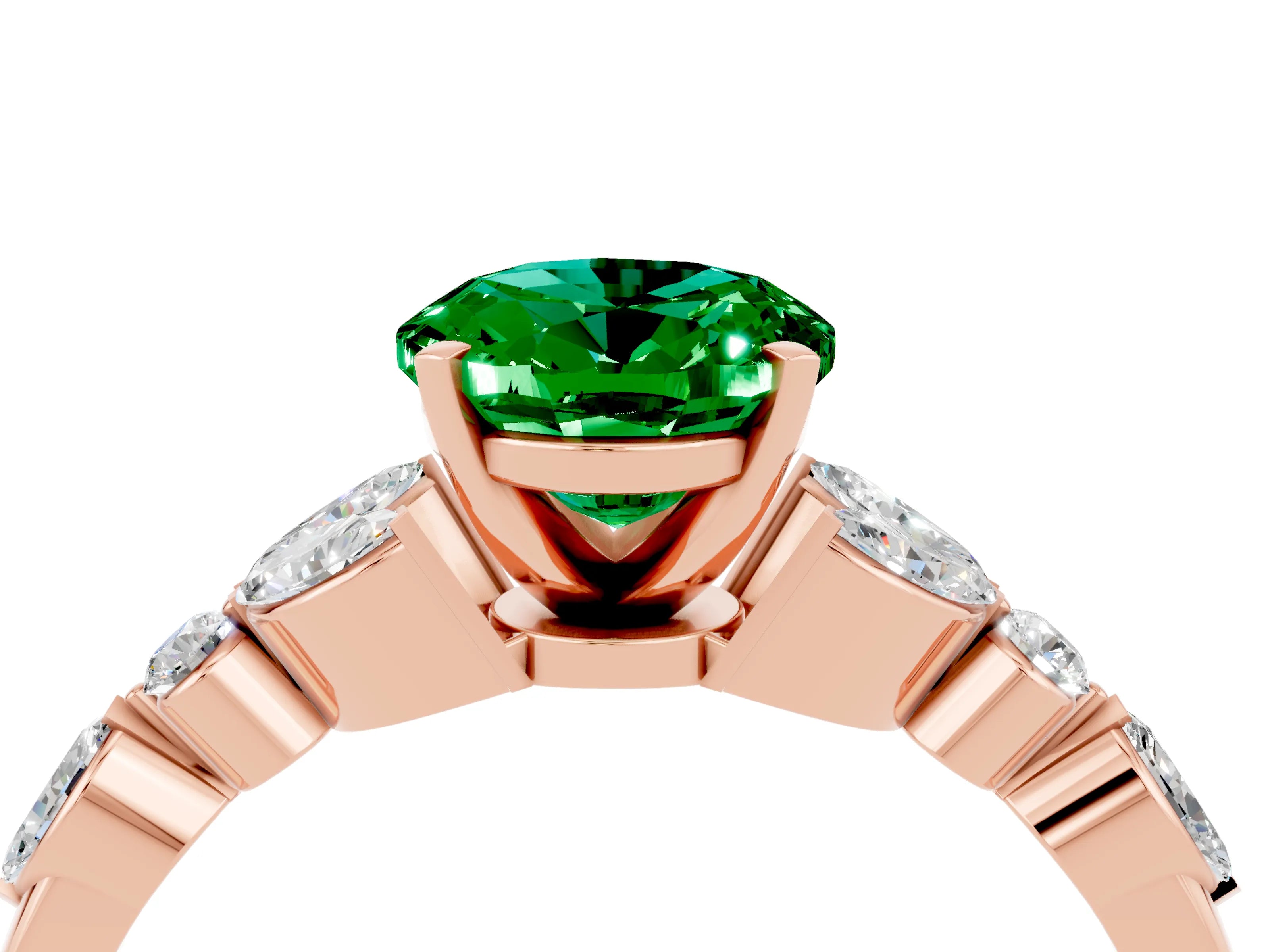 Rose gold Oval Cut Emerald Solitaire Ring with Side Stones and Four-Prong Setting_16