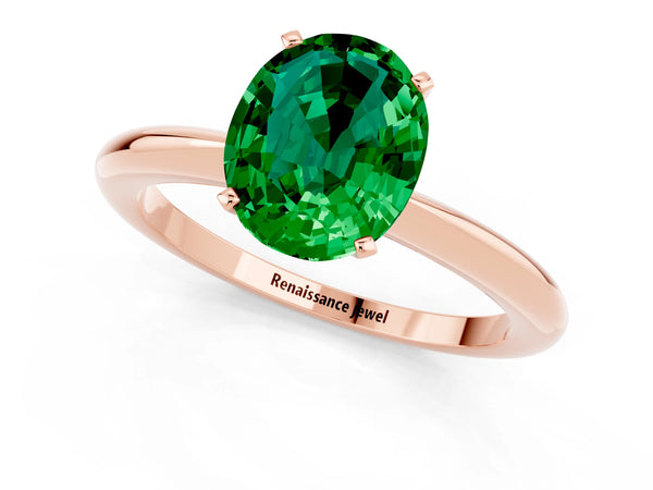 Rose gold Oval Cut Emerald Solitaire Ring with Six-Prong Setting and Classic Band