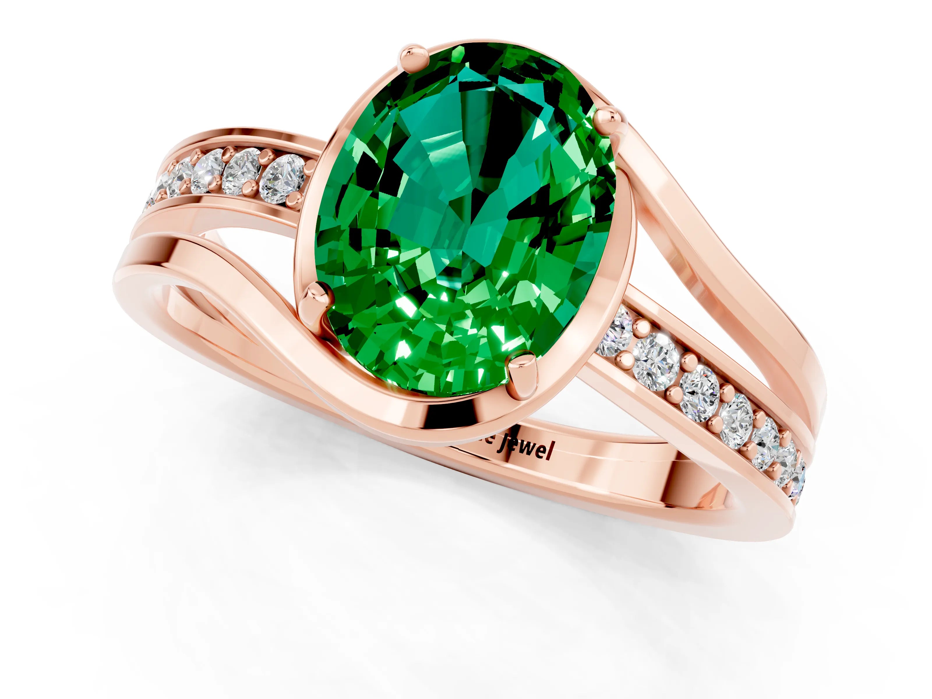 Rose gold Oval Cut Emerald Solitaire Ring with Split Shank and Prong Setting_1