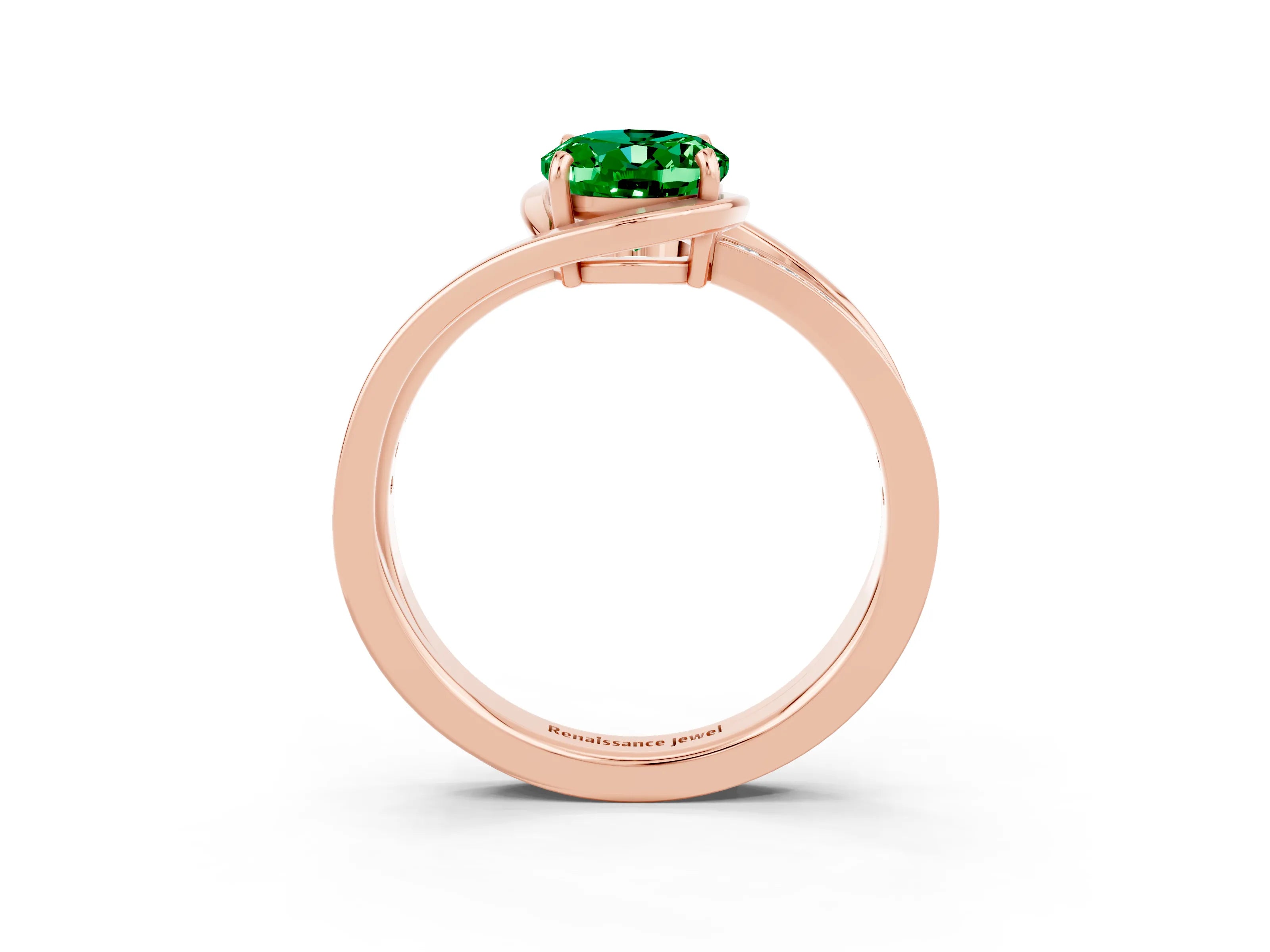 Rose gold Oval Cut Emerald Solitaire Ring with Split Shank and Prong Setting_3