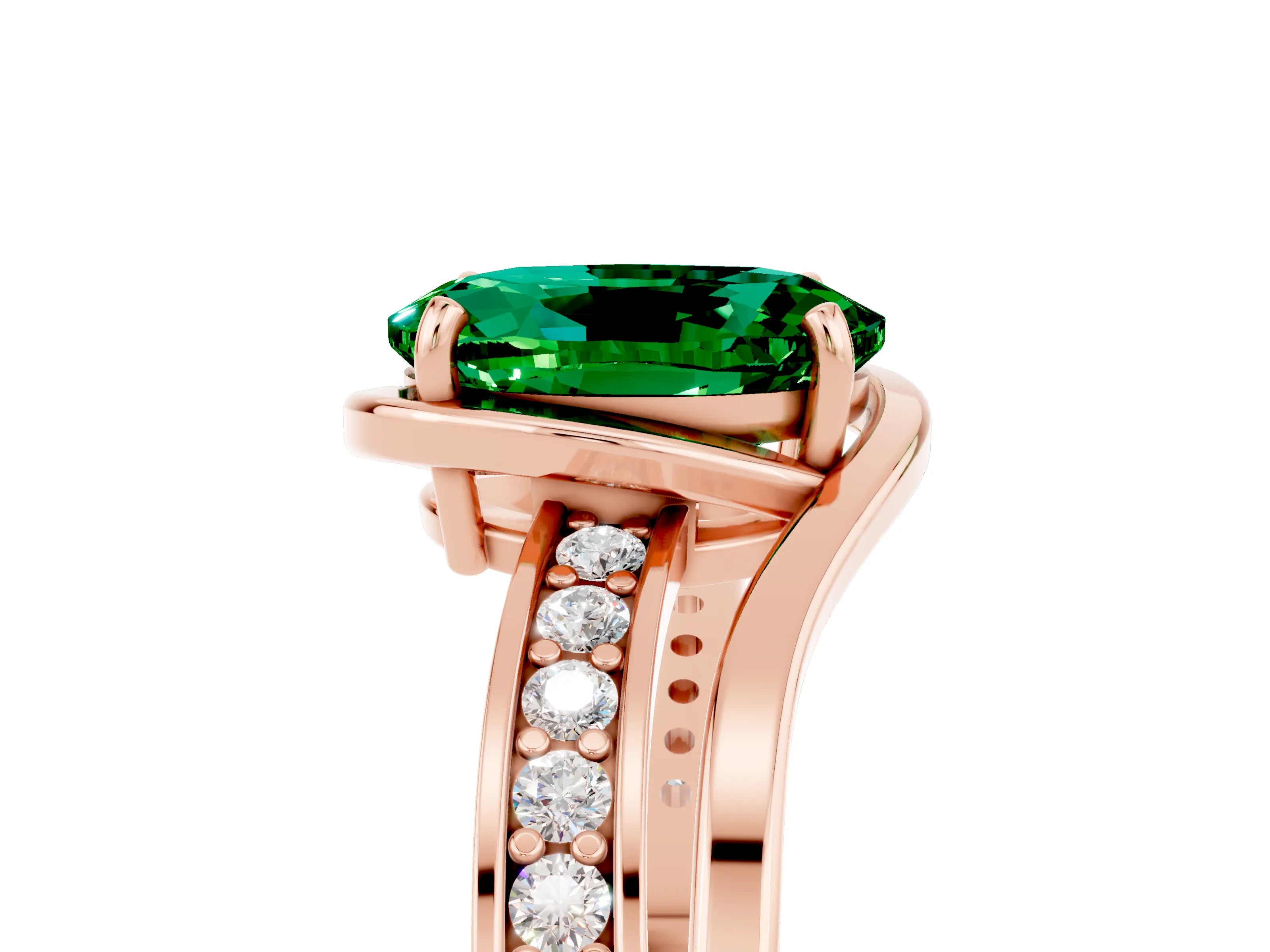 Rose gold Oval Cut Emerald Solitaire Ring with Split Shank and Prong Setting_5