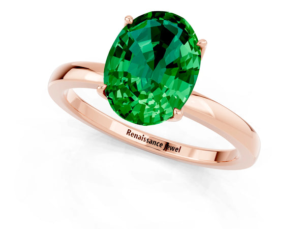 Rose gold Oval Cut Emerald Solitaire Ring with Thin Band and Prong Setting