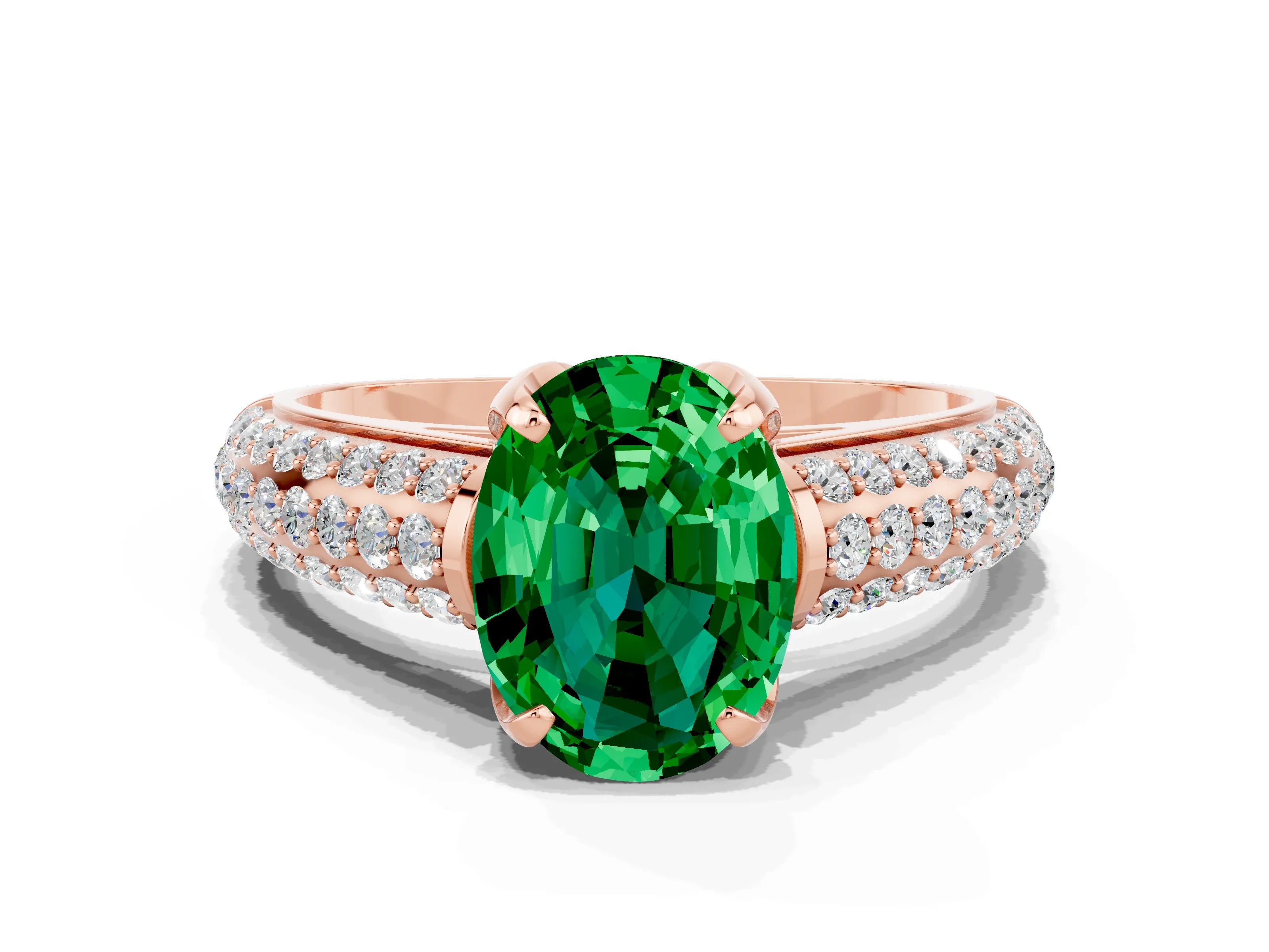 Rose gold Oval Cut Emerald Solitaire Ring with Three-Row Pavé Band and Four-Prong Setting_12