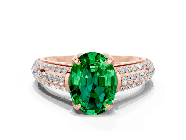 Rose gold Oval Cut Emerald Solitaire Ring with Three-Row Pavé Band and Four-Prong Setting