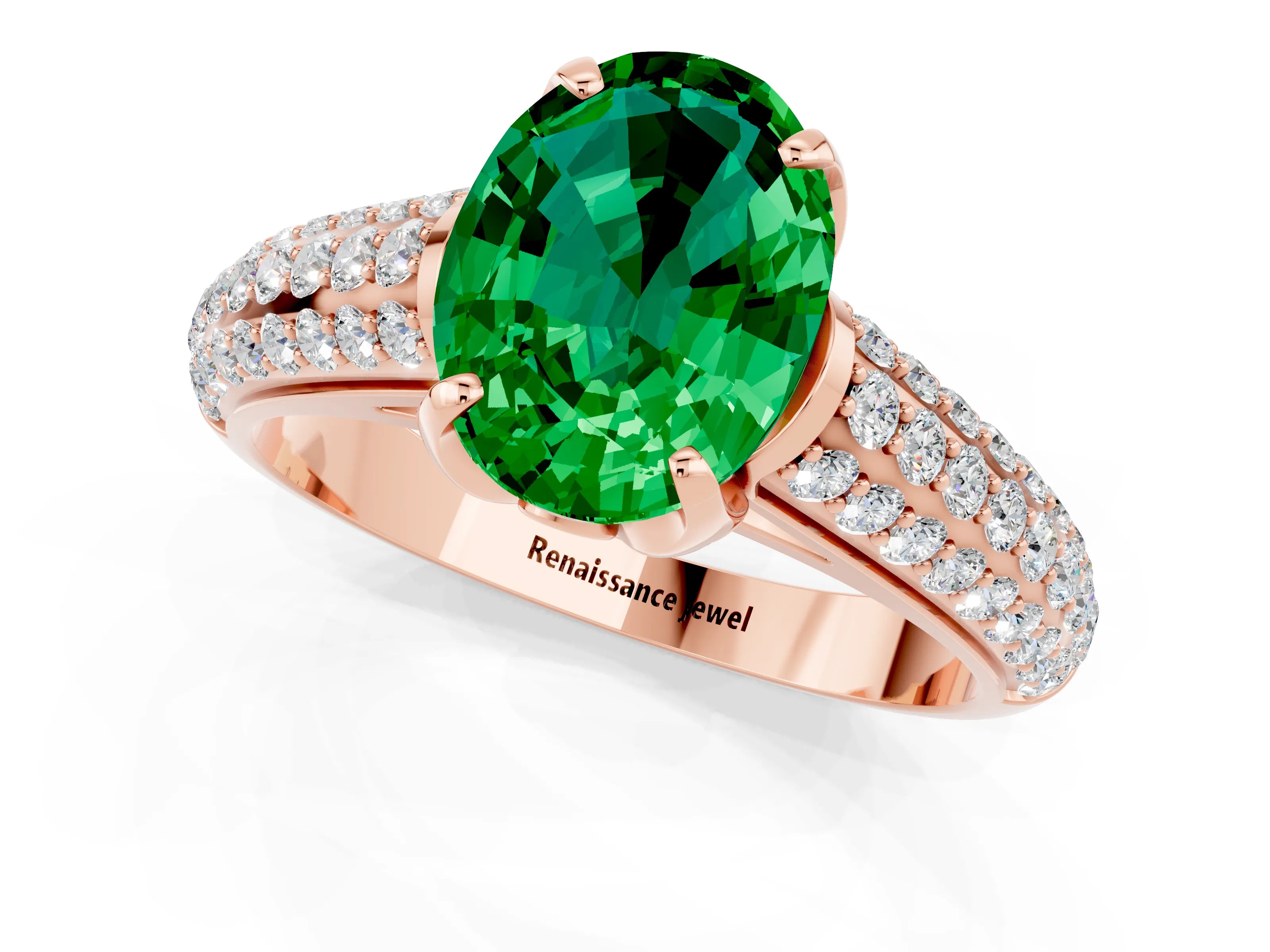 Rose gold Oval Cut Emerald Solitaire Ring with Three-Row Pavé Band and Four-Prong Setting_13
