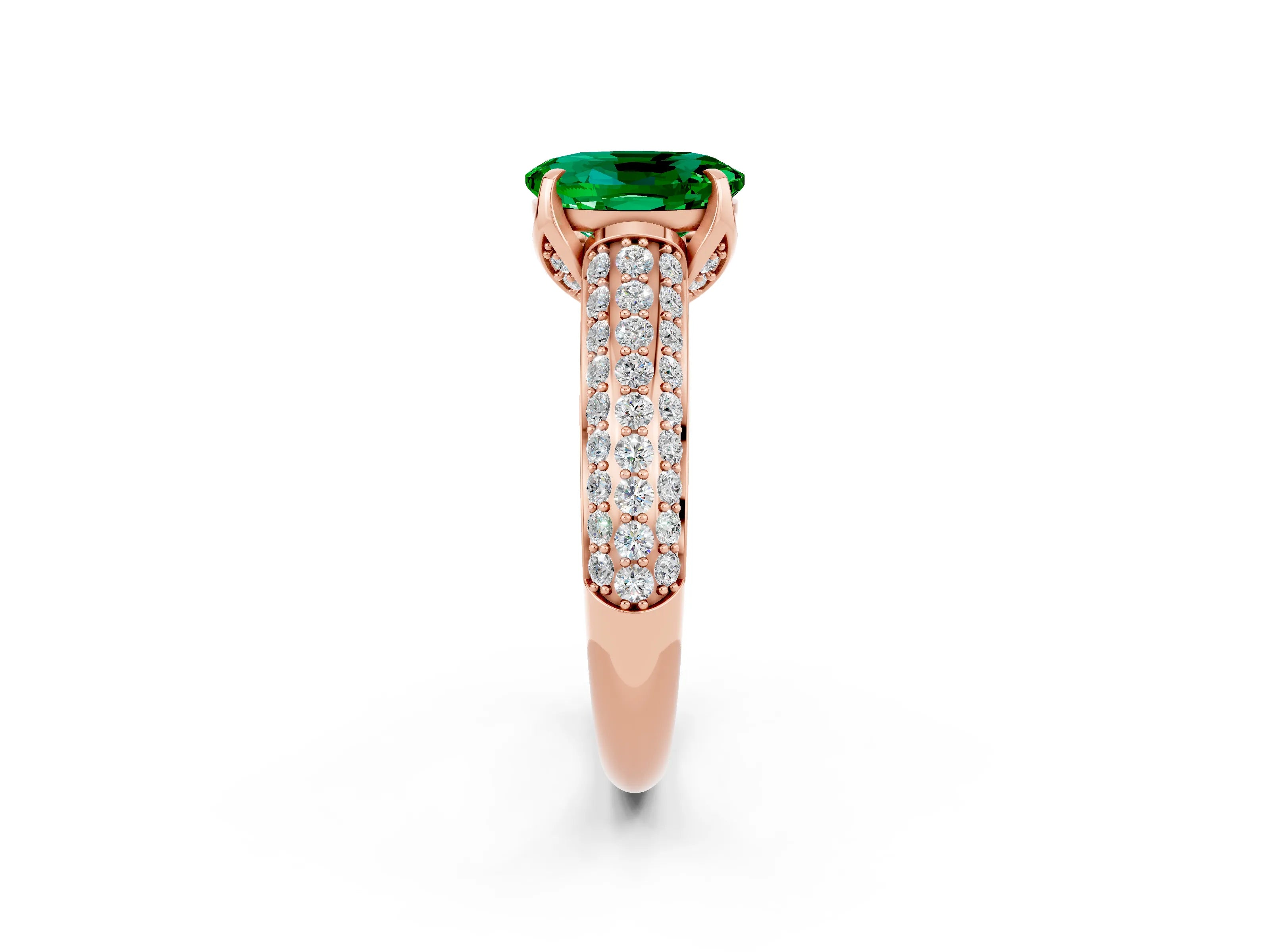 Rose gold Oval Cut Emerald Solitaire Ring with Three-Row Pavé Band and Four-Prong Setting_14