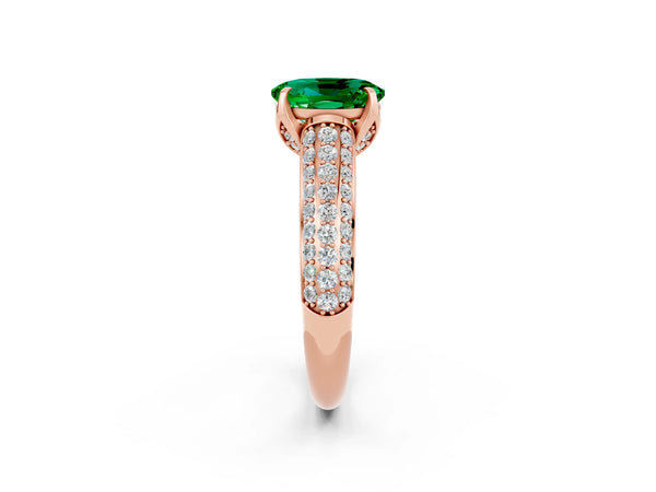 Rose gold Oval Cut Emerald Solitaire Ring with Three-Row Pavé Band and Four-Prong Setting