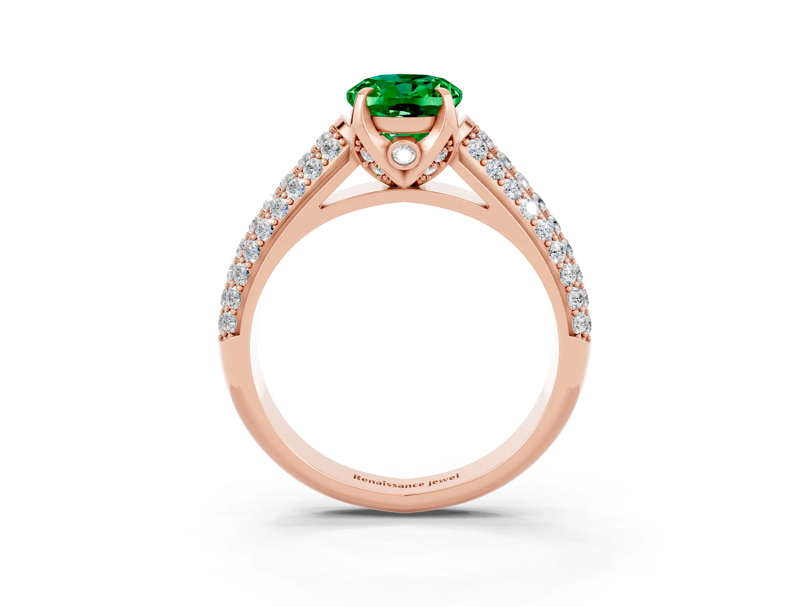 Rose gold Oval Cut Emerald Solitaire Ring with Three-Row Pavé Band and Four-Prong Setting_15