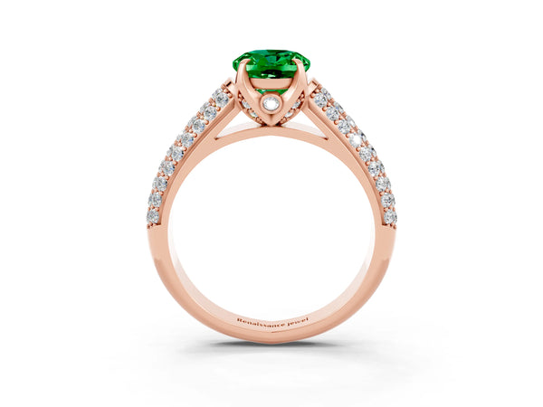 Rose gold Oval Cut Emerald Solitaire Ring with Three-Row Pavé Band and Four-Prong Setting