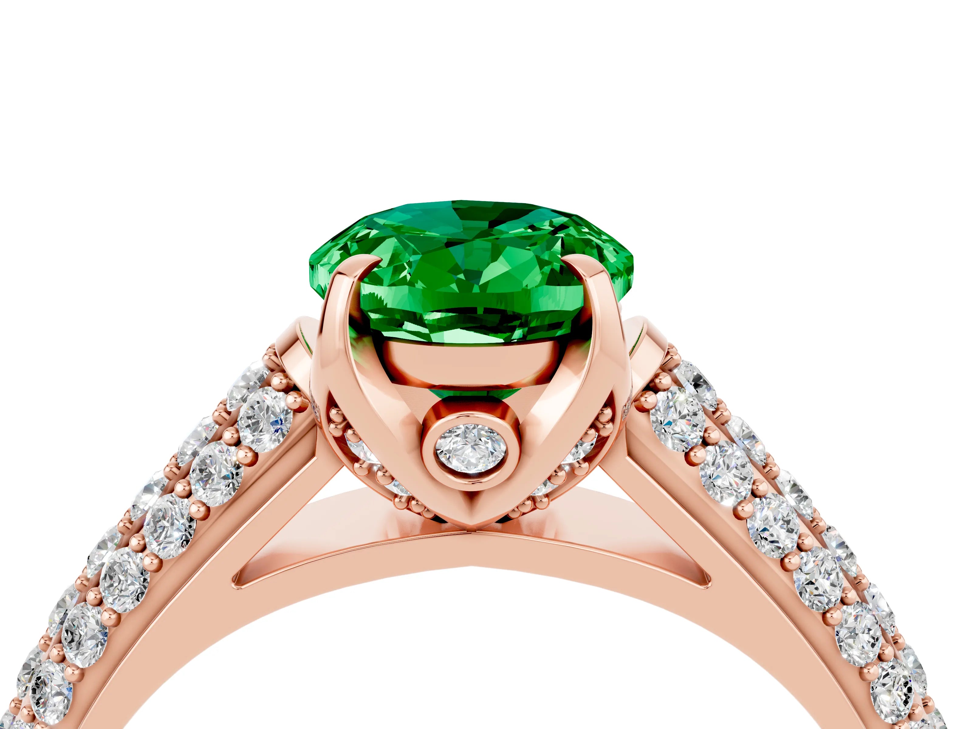 Rose gold Oval Cut Emerald Solitaire Ring with Three-Row Pavé Band and Four-Prong Setting_16