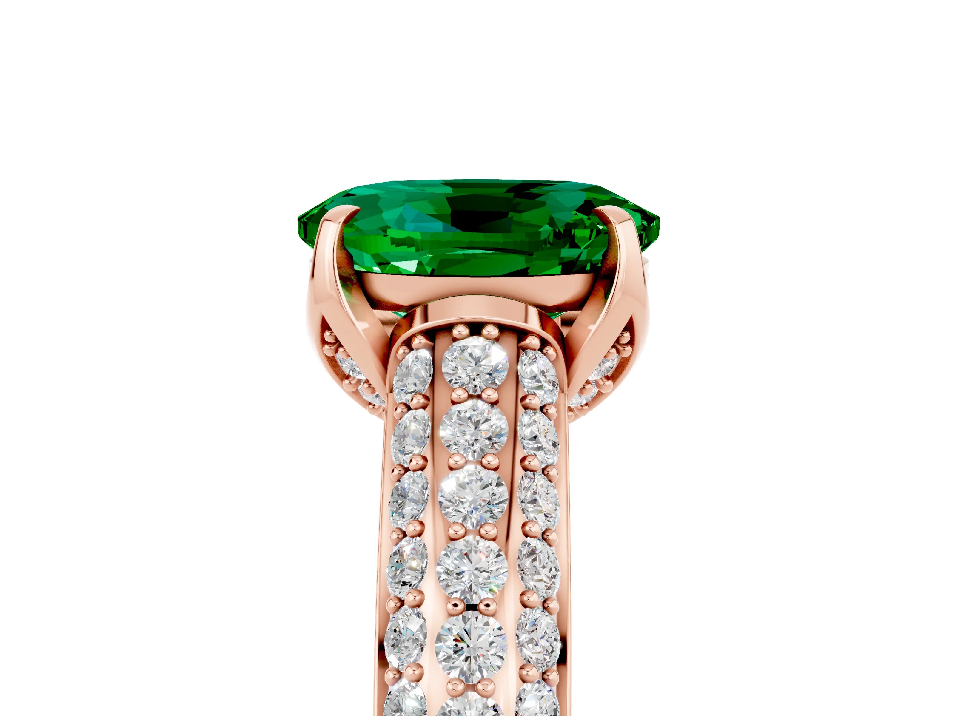Rose gold Oval Cut Emerald Solitaire Ring with Three-Row Pavé Band and Four-Prong Setting_17