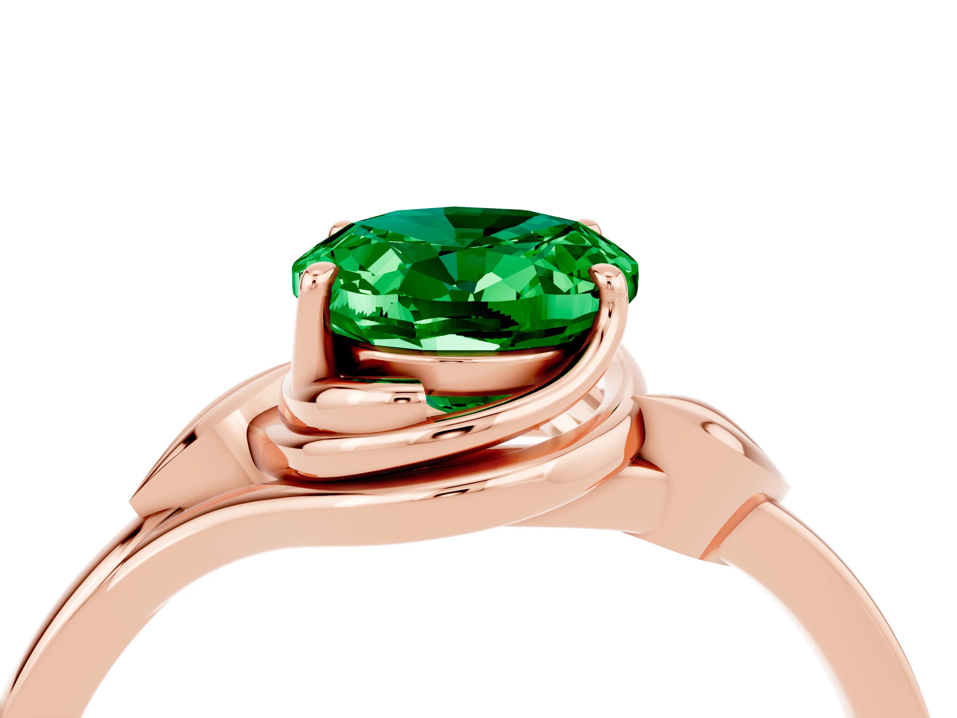 Rose gold Oval Cut Emerald Solitaire Ring with Twist Band and Four-Prong Setting_28
