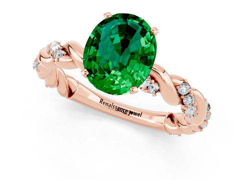 Rose gold Oval Cut Emerald Solitaire Ring with Twisted Band and Pavé Accents_1
