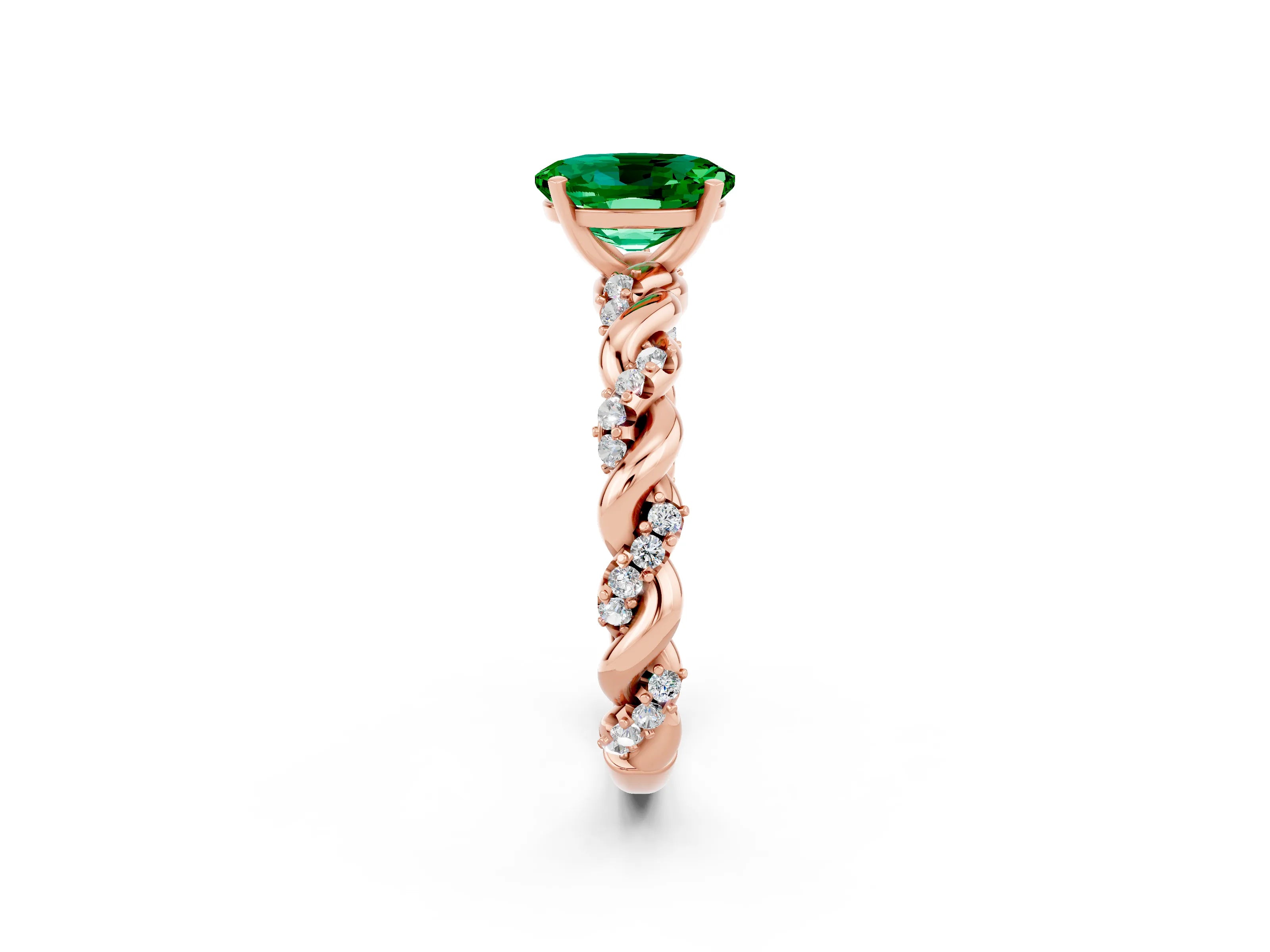 Rose gold Oval Cut Emerald Solitaire Ring with Twisted Band and Pavé Accents_2
