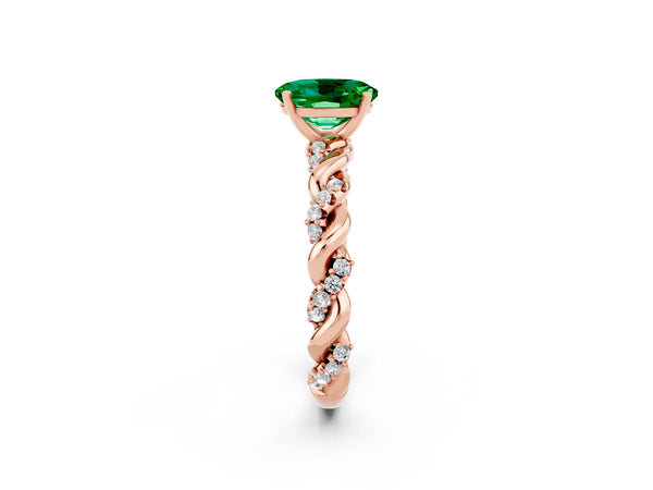 Rose gold Oval Cut Emerald Solitaire Ring with Twisted Band and Pavé Accents