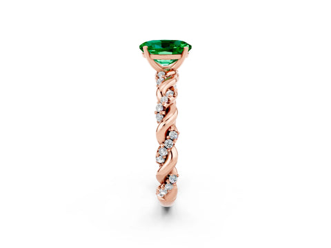 Rose gold Oval Cut Emerald Solitaire Ring with Twisted Band and Pavé Accents_2