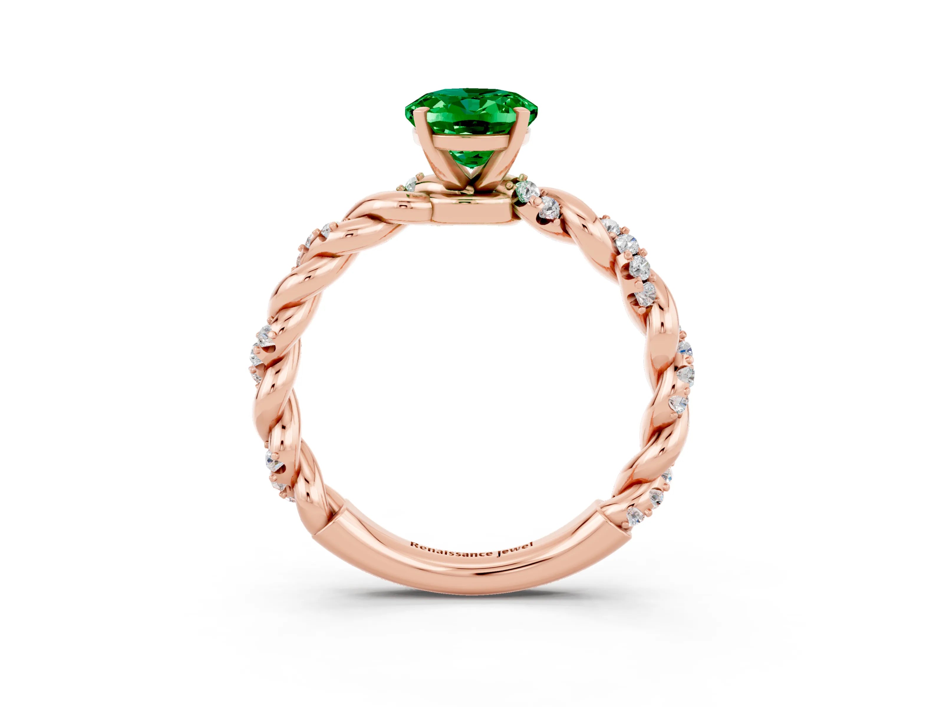 Rose gold Oval Cut Emerald Solitaire Ring with Twisted Band and Pavé Accents_3