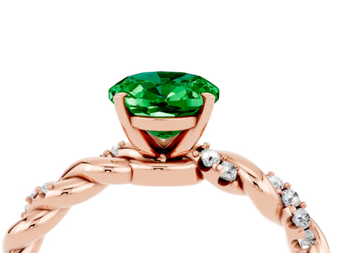 Rose gold Oval Cut Emerald Solitaire Ring with Twisted Band and Pavé Accents_4