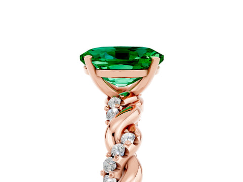 Rose gold Oval Cut Emerald Solitaire Ring with Twisted Band and Pavé Accents_5
