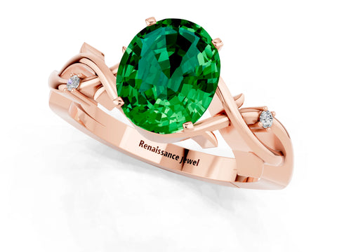 Rose gold Oval Cut Emerald Solitaire Ring with Twisted Band and Prong Setting_1