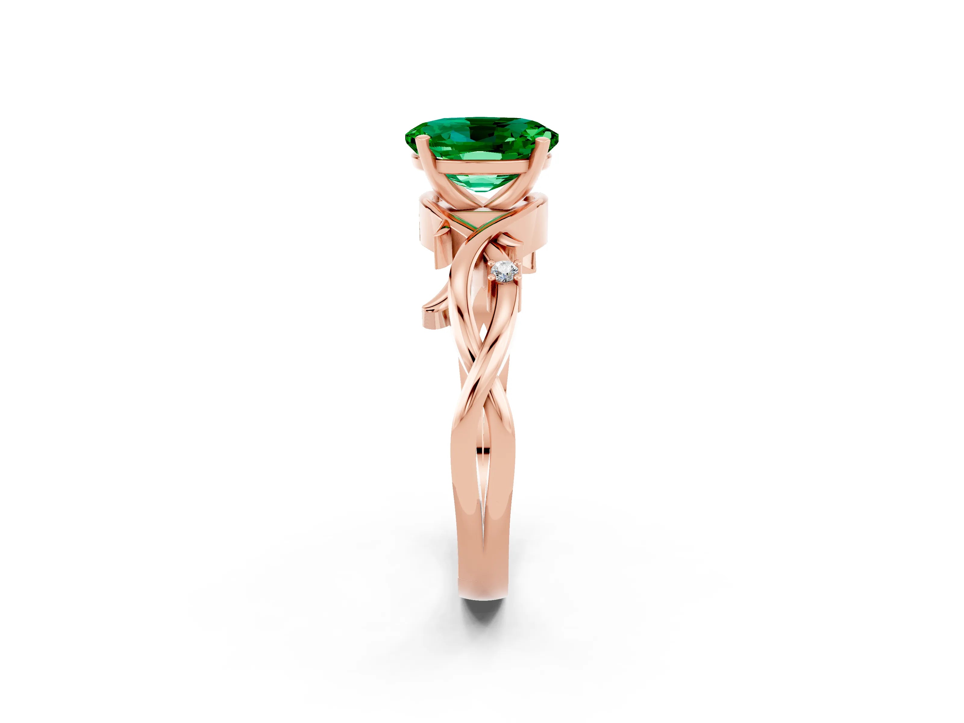 Rose gold Oval Cut Emerald Solitaire Ring with Twisted Band and Prong Setting_2