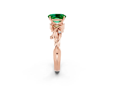 Rose gold Oval Cut Emerald Solitaire Ring with Twisted Band and Prong Setting_2