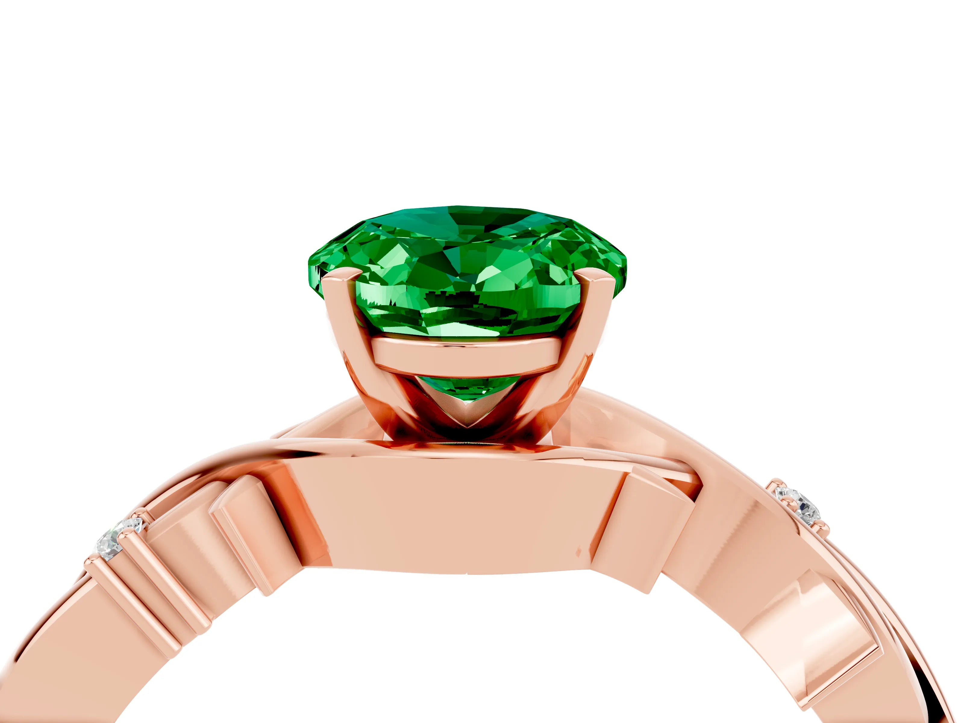 Rose gold Oval Cut Emerald Solitaire Ring with Twisted Band and Prong Setting_4