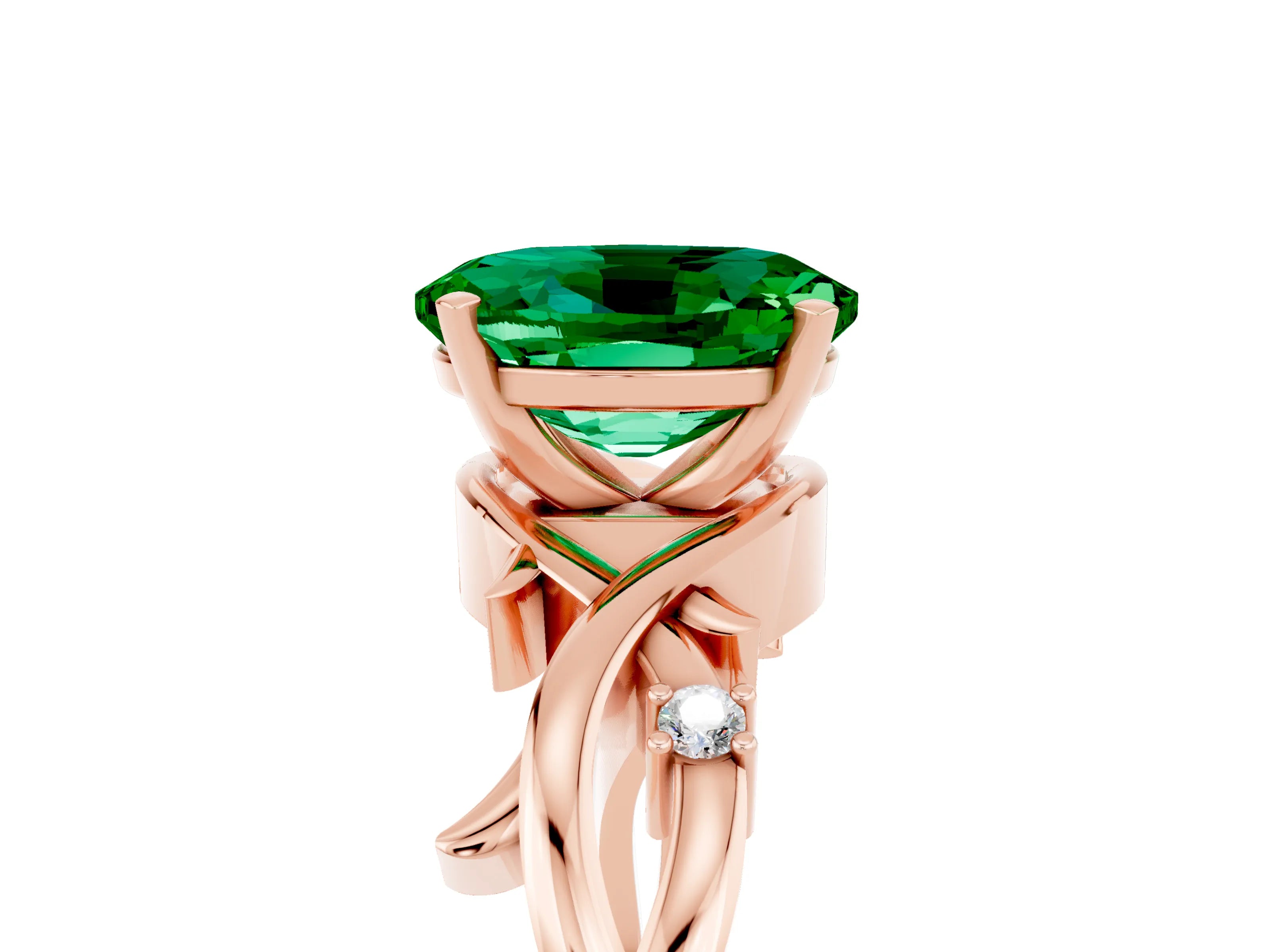 Rose gold Oval Cut Emerald Solitaire Ring with Twisted Band and Prong Setting_5