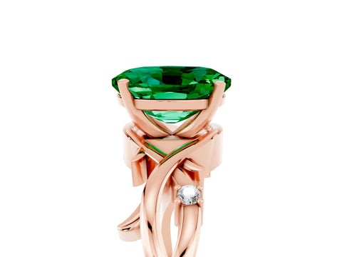 Rose gold Oval Cut Emerald Solitaire Ring with Twisted Band and Prong Setting_5