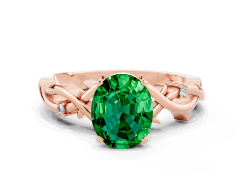 Rose gold Oval Cut Emerald Solitaire Ring with Twisted Band and Prong Setting
