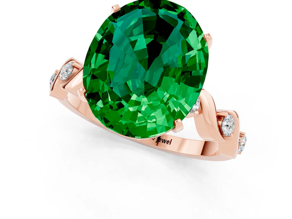 Rose gold Oval Cut Emerald Solitaire Twisted Band with Round  Accents and Prong Setting