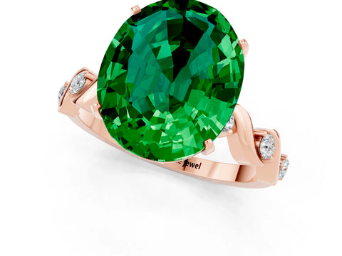 Rose gold Oval Cut Emerald Solitaire Twisted Band with Round  Accents and Prong Setting_13