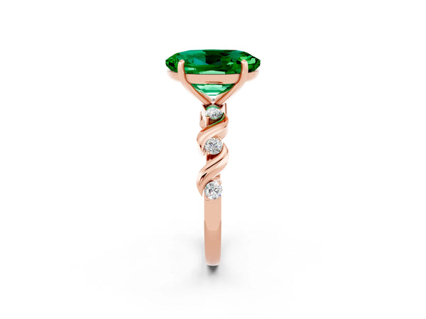 Rose gold Oval Cut Emerald Solitaire Twisted Band with Round  Accents and Prong Setting