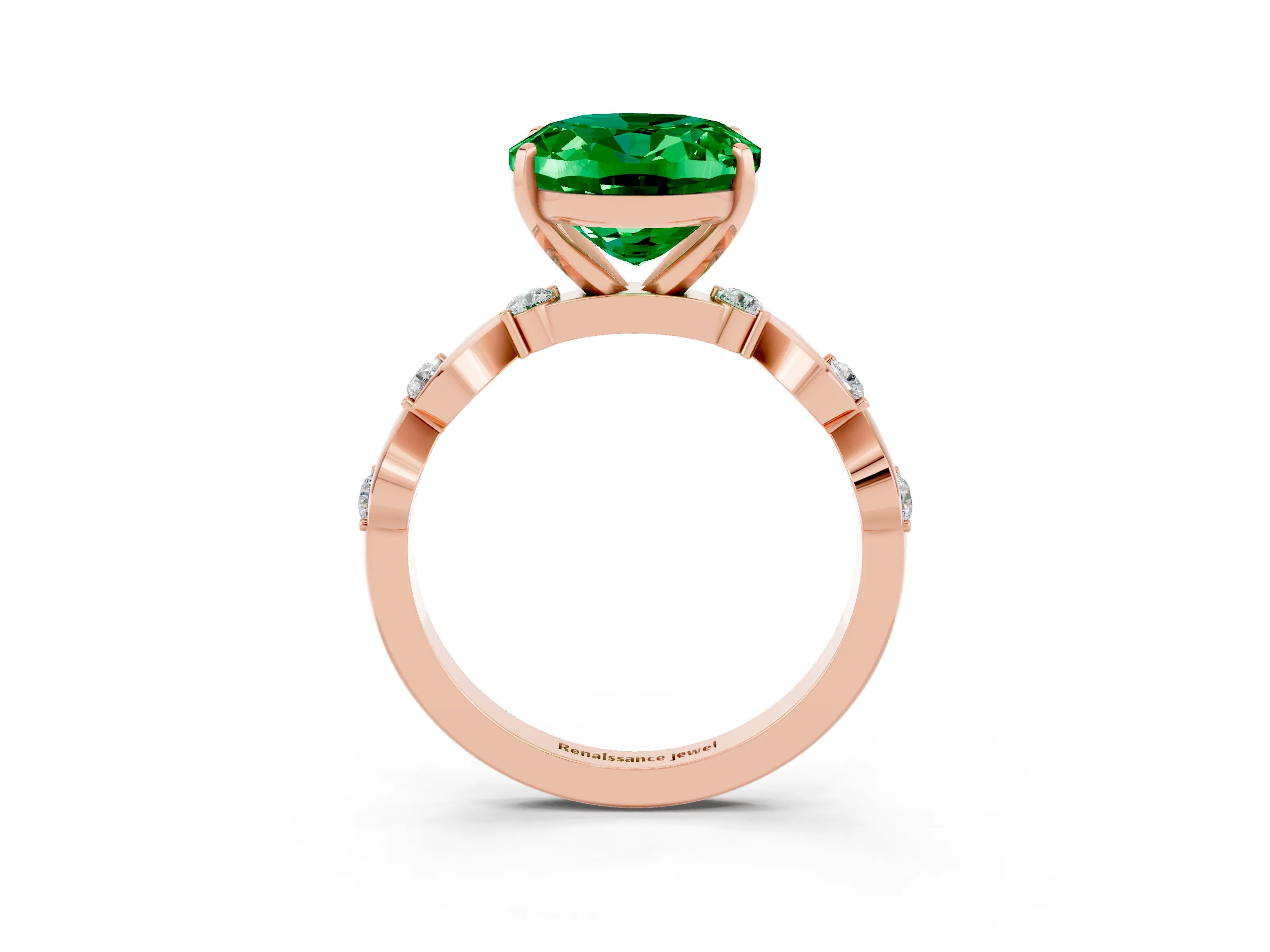 Rose gold Oval Cut Emerald Solitaire Twisted Band with Round  Accents and Prong Setting_15