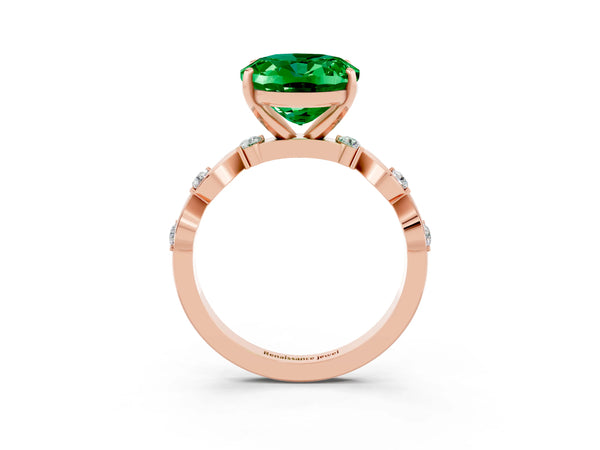 Rose gold Oval Cut Emerald Solitaire Twisted Band with Round  Accents and Prong Setting