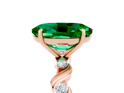Rose gold Oval Cut Emerald Solitaire Twisted Band with Round  Accents and Prong Setting_17