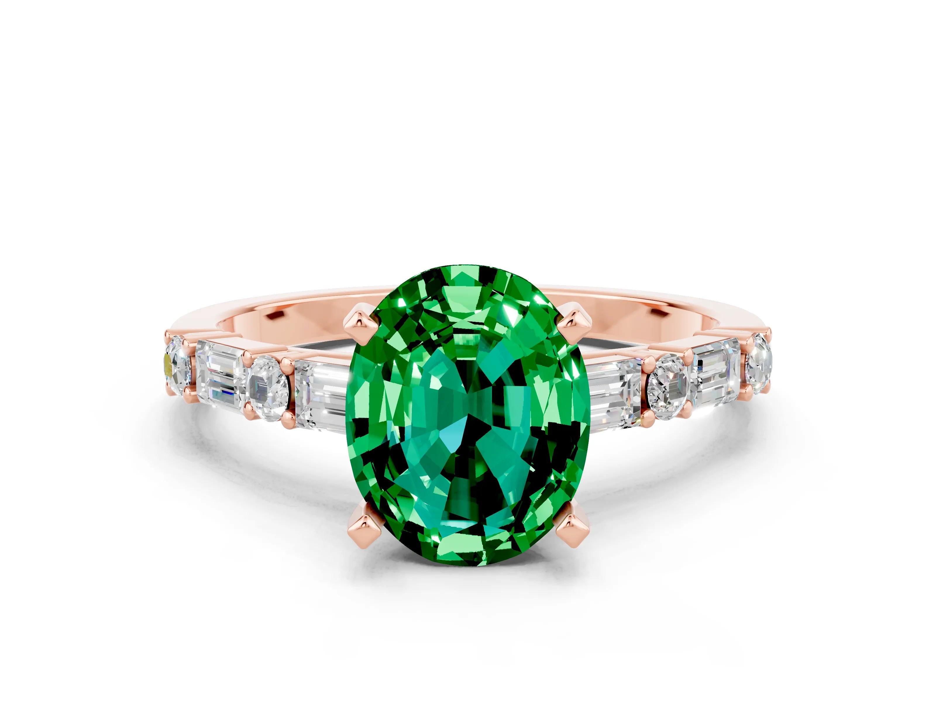 Rose gold Oval Cut Emerald Solitaire with Side Baguettes and Channel Set Band